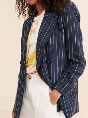 FREE PEOPLE Navy and White Pinstripe Ashby Blazer